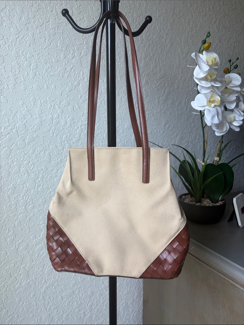 Canvas and Woven Leather Tote Bag in Beige and Brown